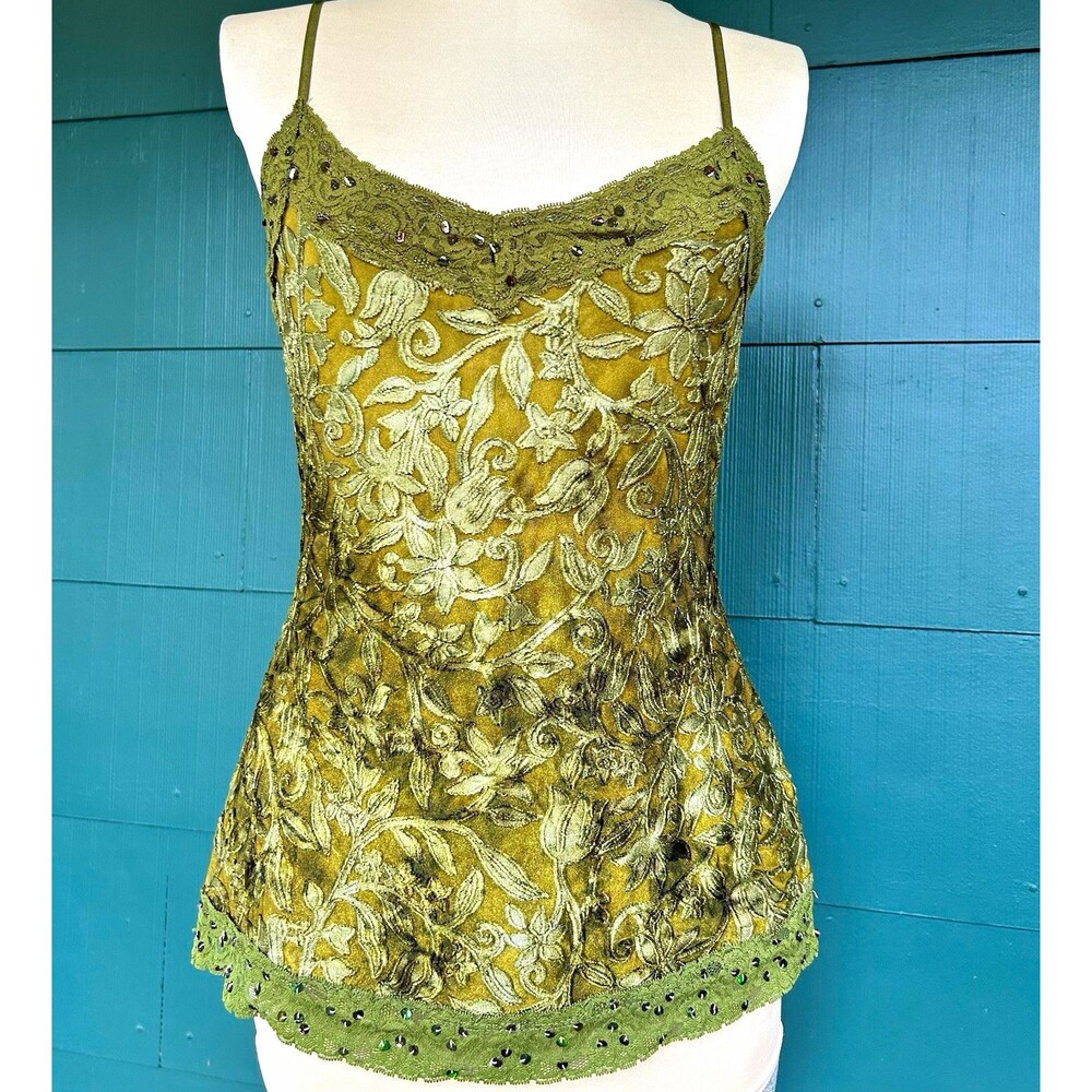 Vtg Y2K Moss Green Floral Embroidered Sequin Lace Cami Top Fairy Grunge Small